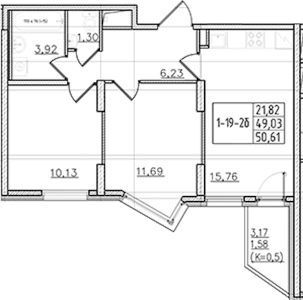 2-комнатная квартира 50.61 м², 19/19 эт., ЖК «Мурино Клаб»